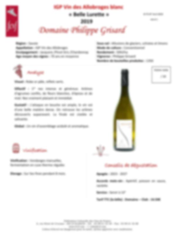 Fiche de dégustation IGP Vin des Allobroges blanc « Belle Lurette Domaine Philippe Grisard» 2019