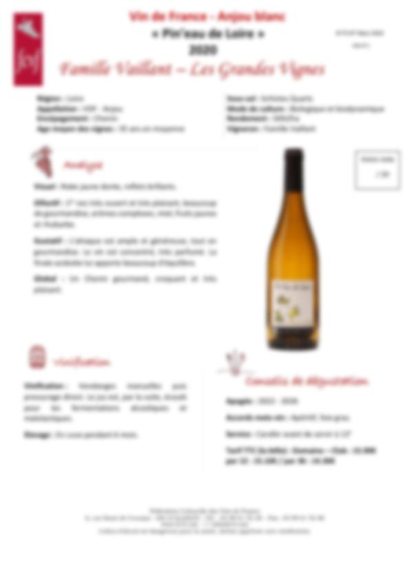 Fiche de dégustation Vin de France - Anjou blanc « Pin’eau de Loire » 2020