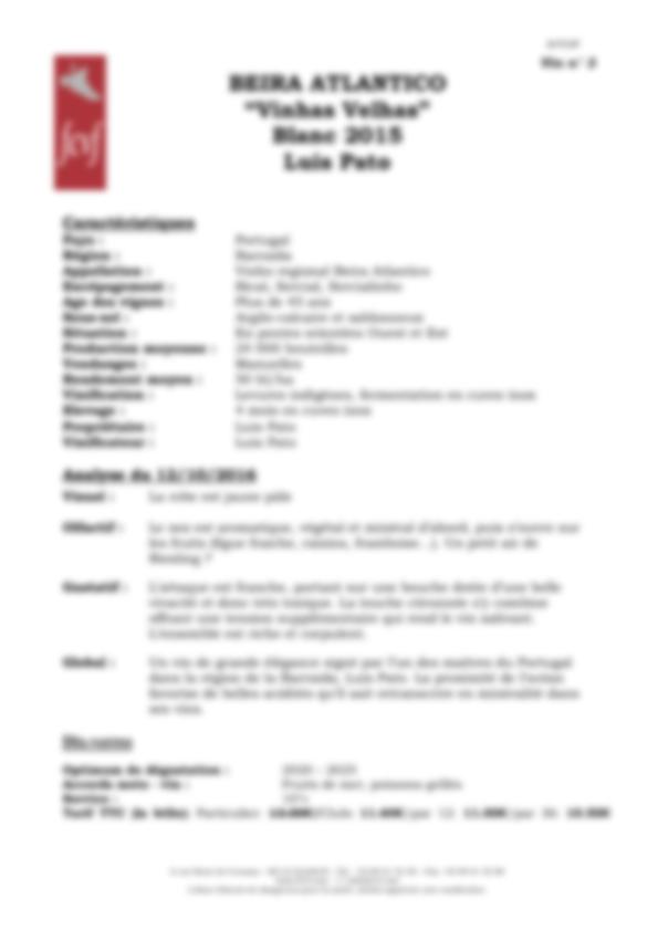 Fiche de dégustation “Vinhas Velhas” Blanc 2015 Luis Pato