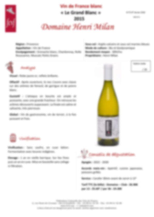 Fiche de dégustation Vin de France blanc « Le Grand Blanc » 2015 Domaine Henri Milan
