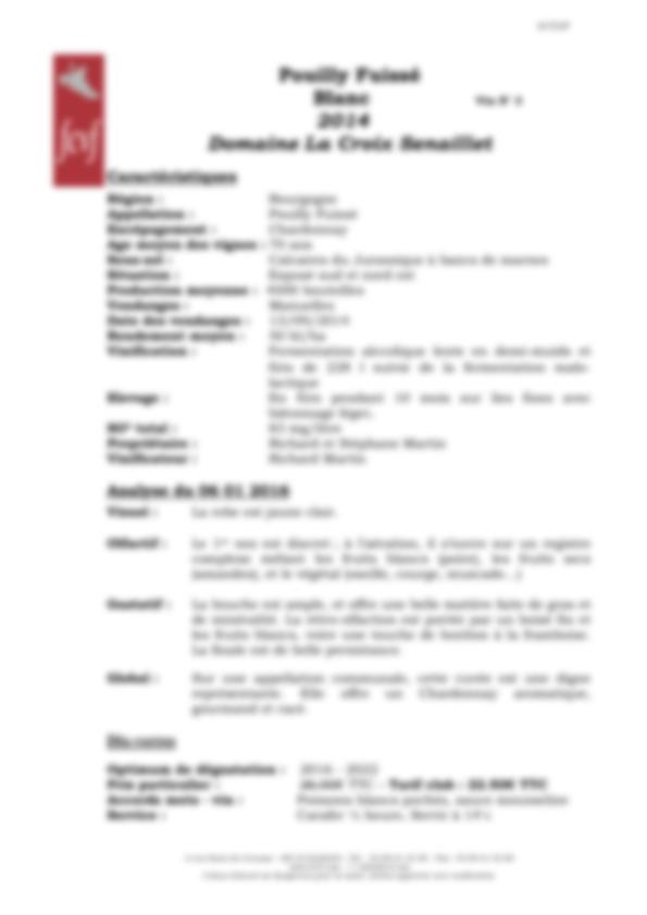 Fiche de dégustation Blanc Vin  2014 Domaine La Croix Senaillet