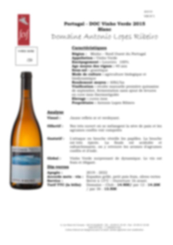 Fiche de dégustation Portugal - DOC Vinho Verde 2015 Blanc Domaine Antonio Lopes Ribeiro