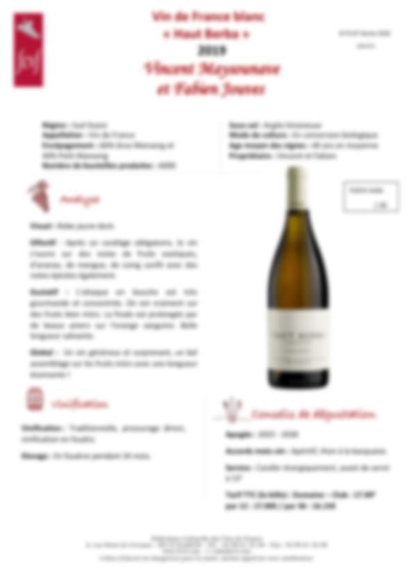 Fiche de dégustation Vin de France blanc « Haut Berba » 2019 Vincent Maysounave et Fabien Jouves