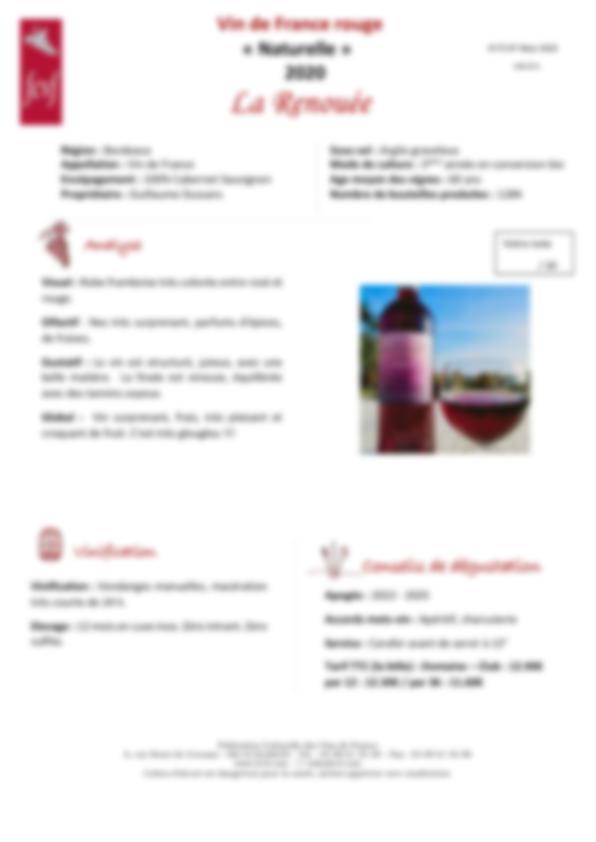 Fiche de dégustation Vin de France rouge « Naturelle » 2020