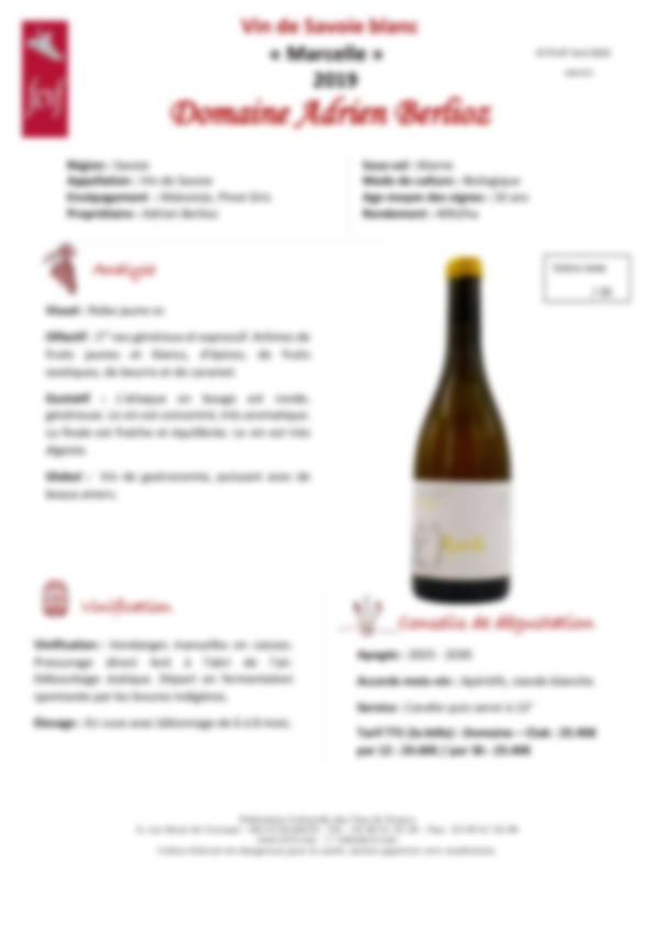 Fiche de dégustation Vin de Savoie blanc « Marcelle » 2019 Domaine Adrien Berlioz