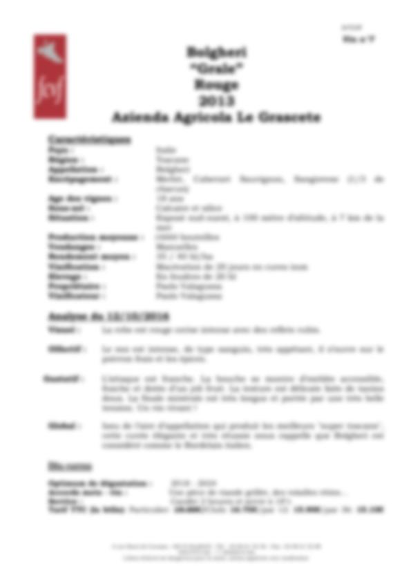 Fiche de dégustation “Grale” Rouge 2013 Azienda Agricola Le Grascete