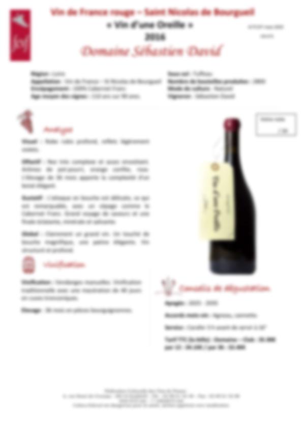 Fiche de dégustation Vin de France rouge – Saint Nicolas de Bourgueil « Vin d’une Oreille » 2016