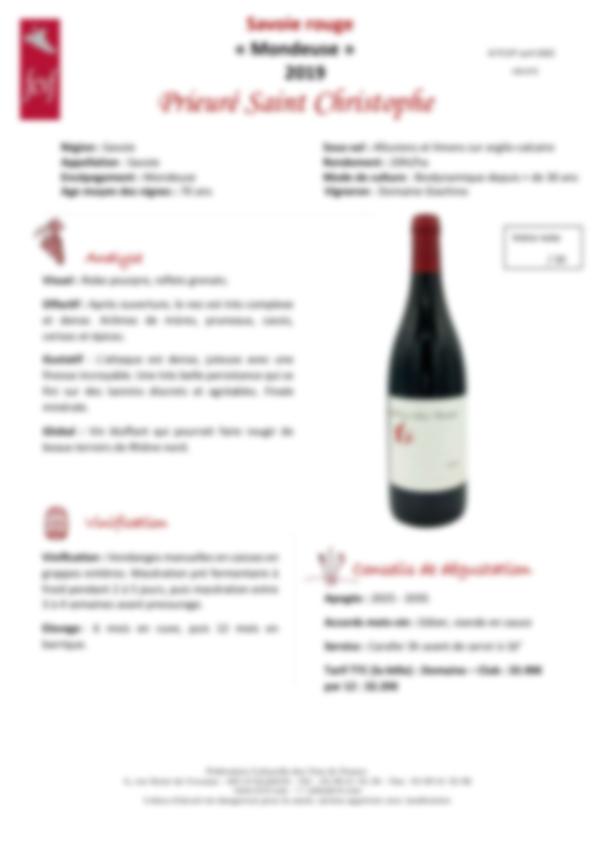 Fiche de dégustation Savoie rouge « Mondeuse » 2019 Prieuré Saint Christophe