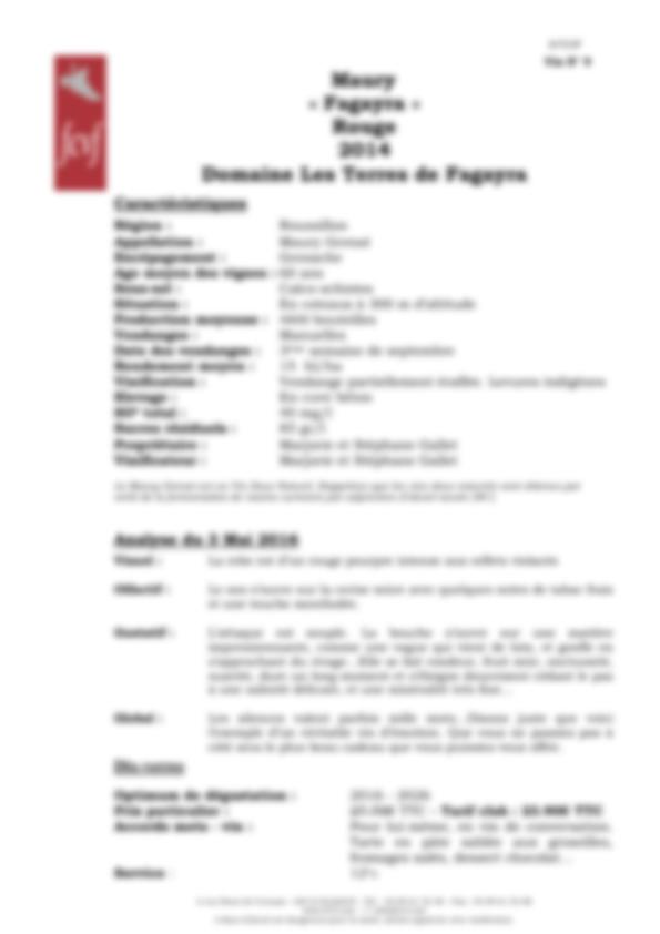 Fiche de dégustation « Fagayra » Rouge 2014 Domaine Les Terres de Fagayra