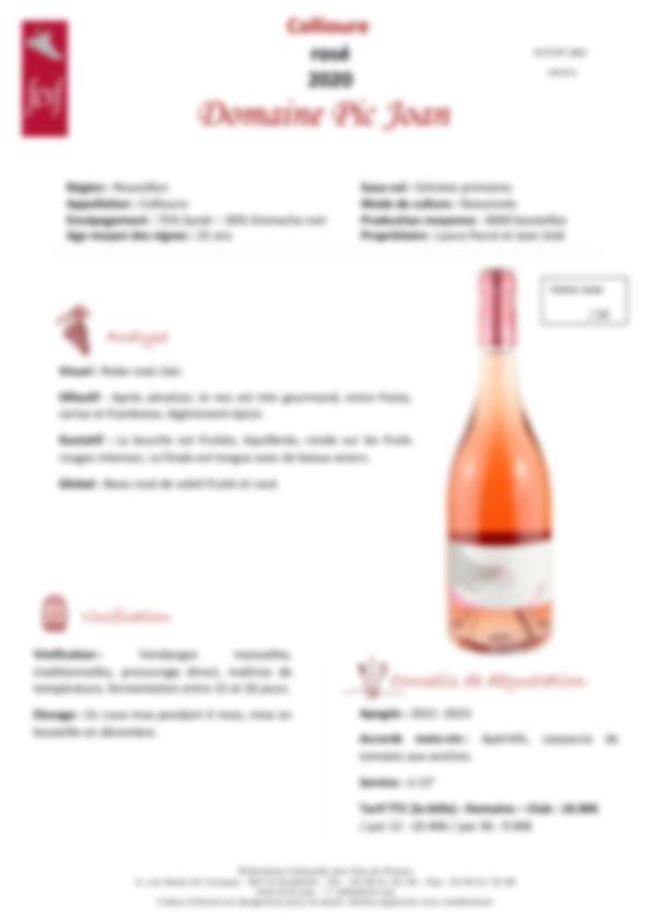Fiche de dégustation Collioure rosé 2020 Domaine Pic Joan