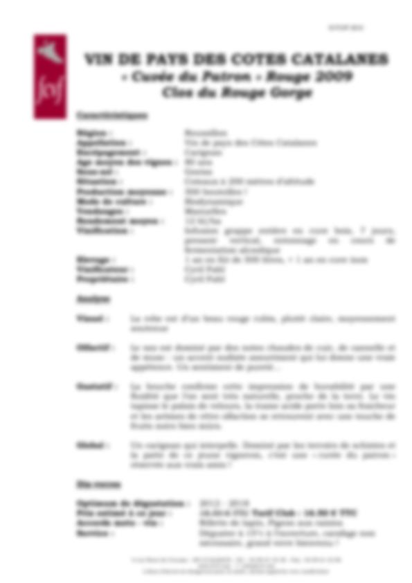 Fiche de dégustation « Cuvée du Patron » Rouge 2009 Clos du Rouge Gorge