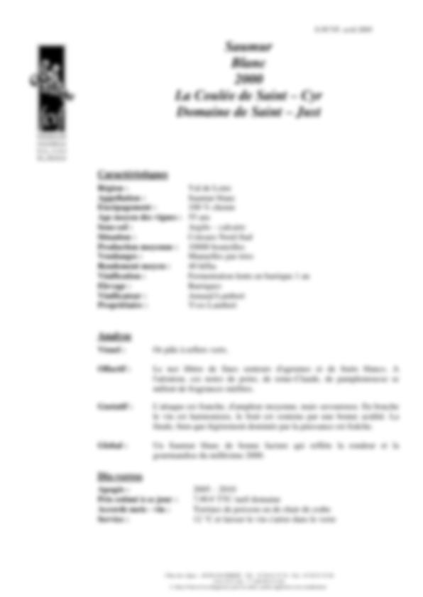 Fiche de dégustation Saumur blanc 2000 – La Coulée de Saint-Cyr – Domaine Saint-Just