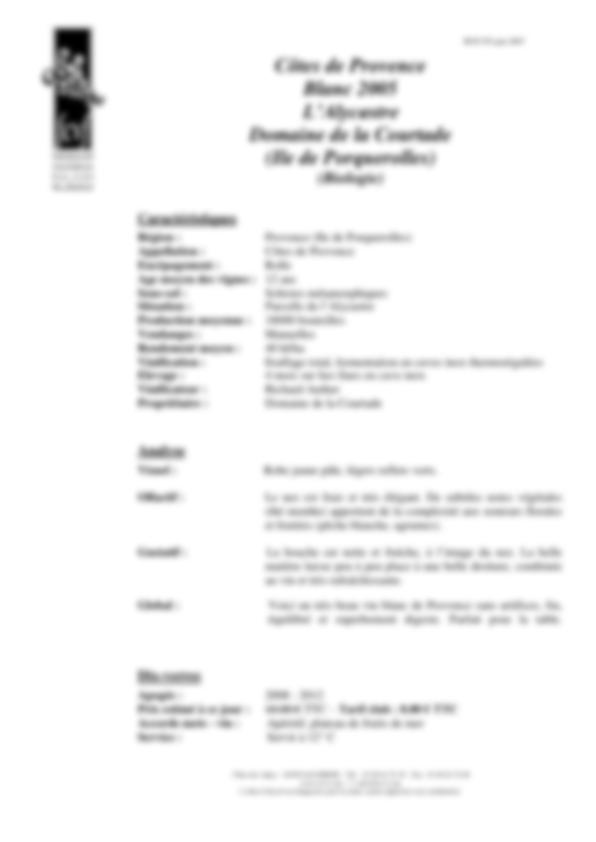 Fiche de dégustation Blanc 2005 L’Alycastre Domaine de la Courtade (Ile de Porquerolles) (Biologie)