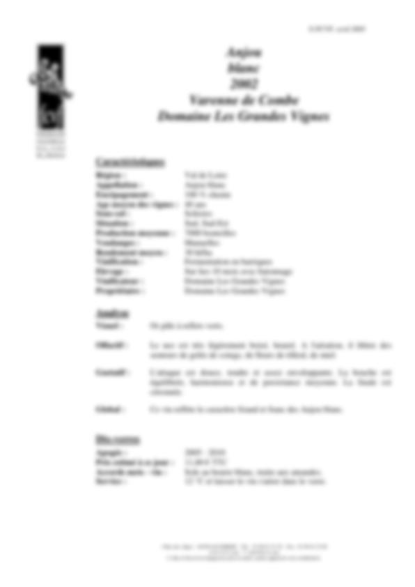 Fiche de dégustation Anjou blanc 2002 – Varenne de Combe – Domaine Les Grandes Vignes