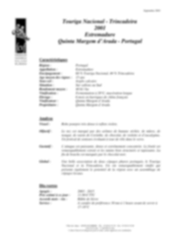 Fiche de dégustation  Touriga Nacional - Trincadeira 2001 Estremadure Quinta Margem d’Arada - Portugal