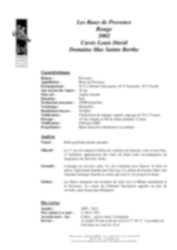 Fiche de dégustation 2002 – Cuvée Louis David – Domaine Mas Sainte Berthe