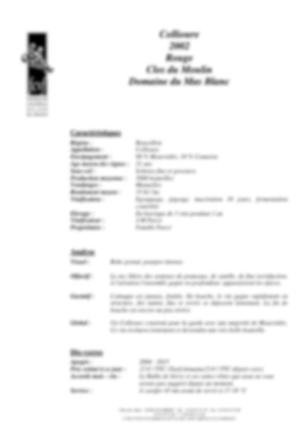 Fiche de dégustation Collioure 2002 Clos du Moulin – Domaine du Mas Blanc