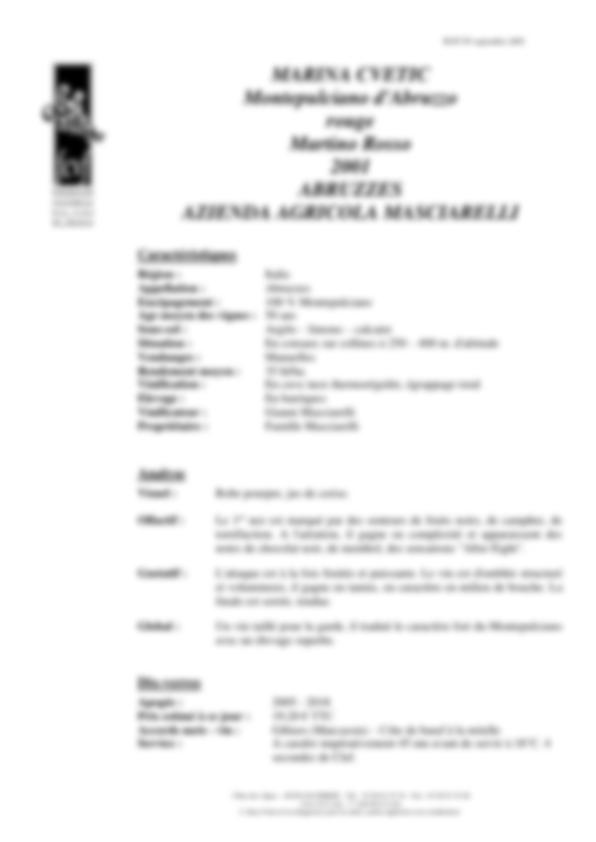 Fiche de dégustation MARINA CVETIC Montepulciano d'Abruzzo Martino Rosso 2001 – Abruzzes – Azienda Agricola Masciarelli