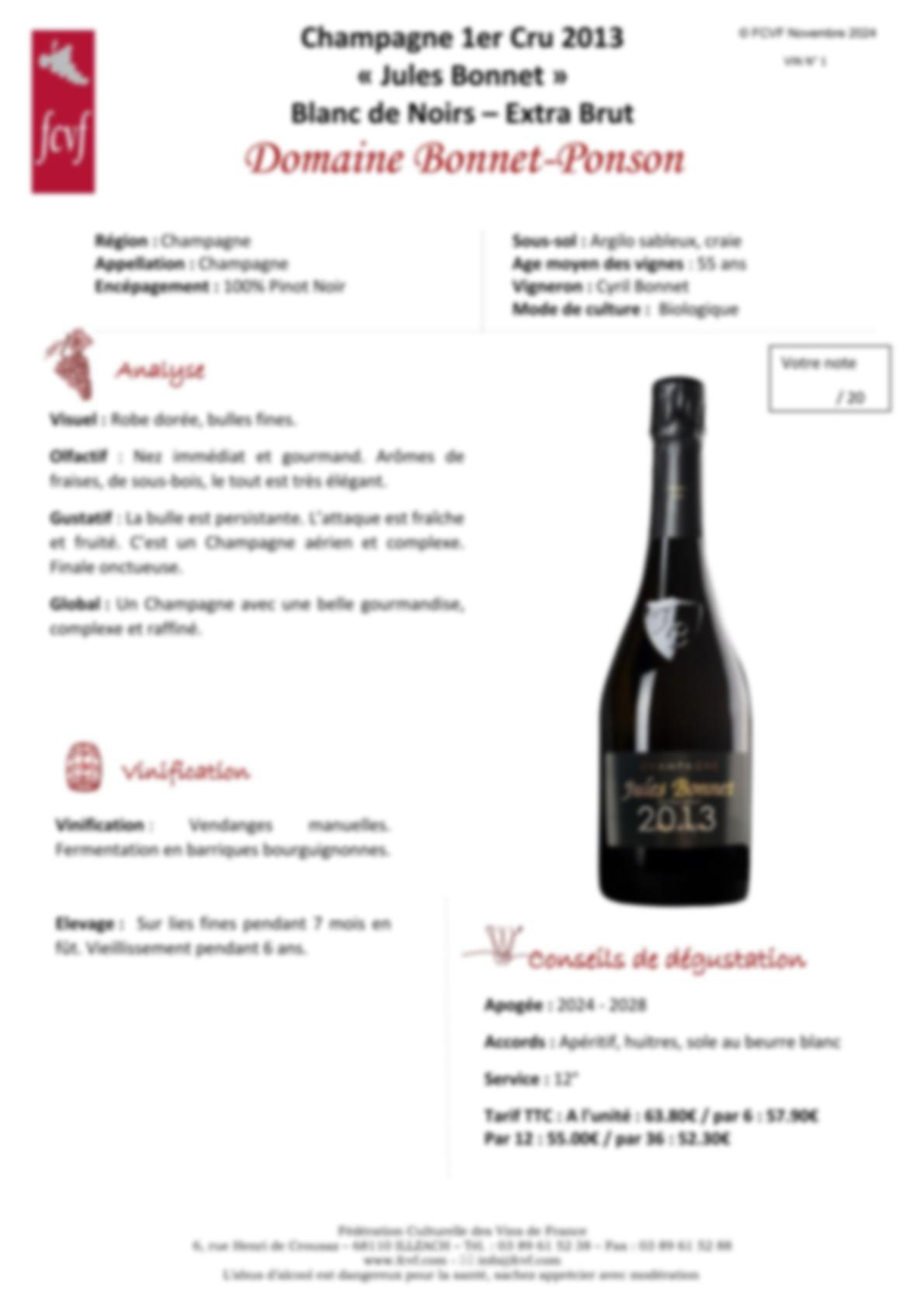 Fiche de dégustation 1er Cru 2013 « Jules Bonnet » Blanc de Noirs – Extra Brut Domaine Bonnet-Ponson