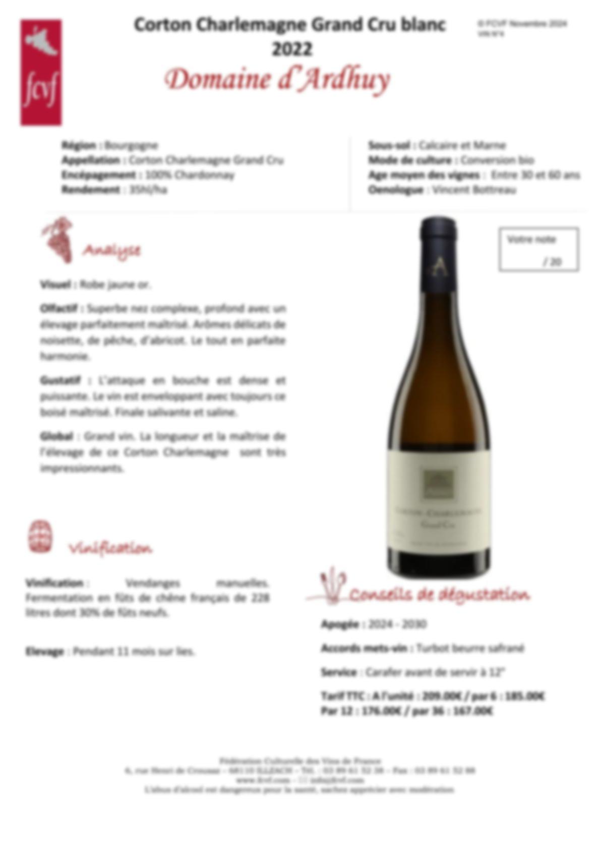 Fiche de dégustation blanc 2022 Domaine d’Ardhuy