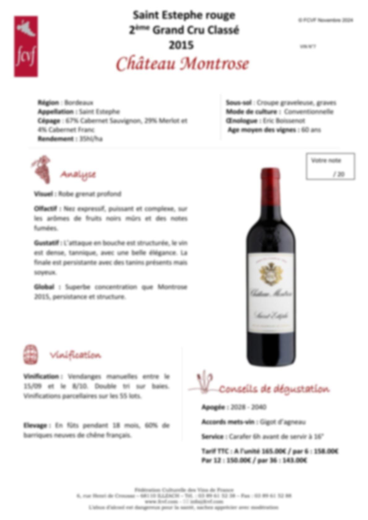Fiche de dégustation rouge 2ème Grand Cru Classé 2015 Château Montrose