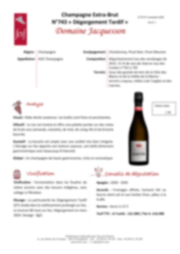 Fiche de dégustation Champagne Extra But N°743 Dégorgement Tardif
