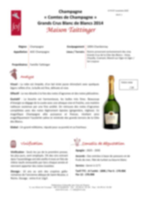 Fiche de dégustation Champagne Taittinger 2014