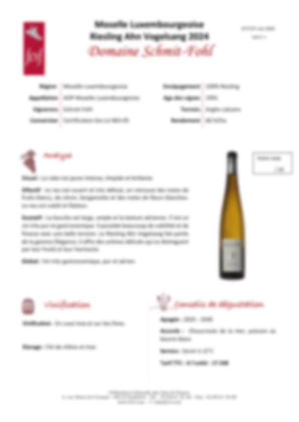 Fiche de dégustation Domaine Schmitt Fohl 2024