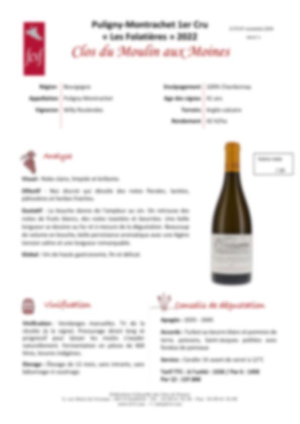 Fiche de dégustation Clos du Moulin aux Moines