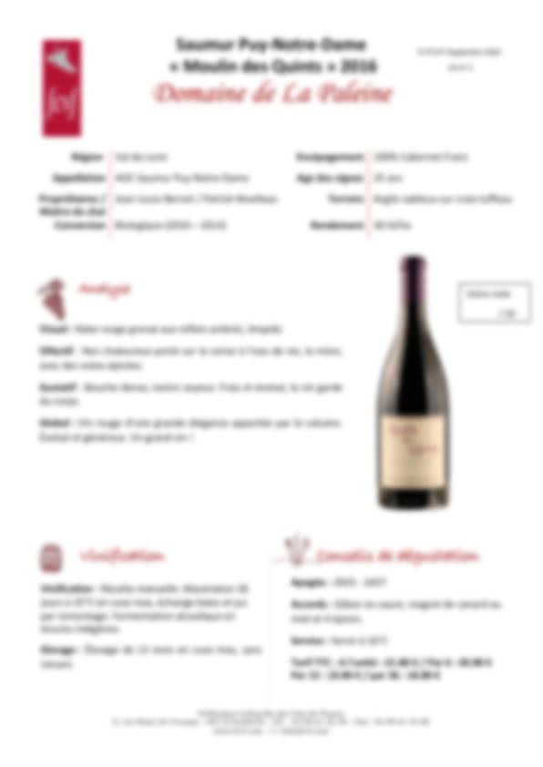Fiche de dégustation Domaine de la Paleine -