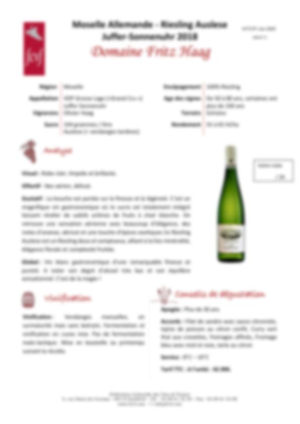 Fiche de dégustation Domaine Fritz Haag 2018