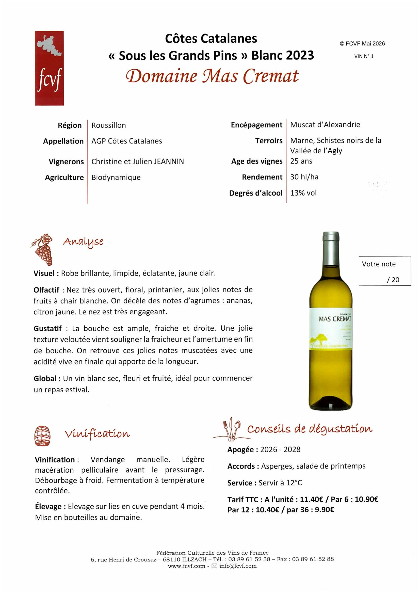 Fiche de dégustation DOMAINE MAS CREMAT