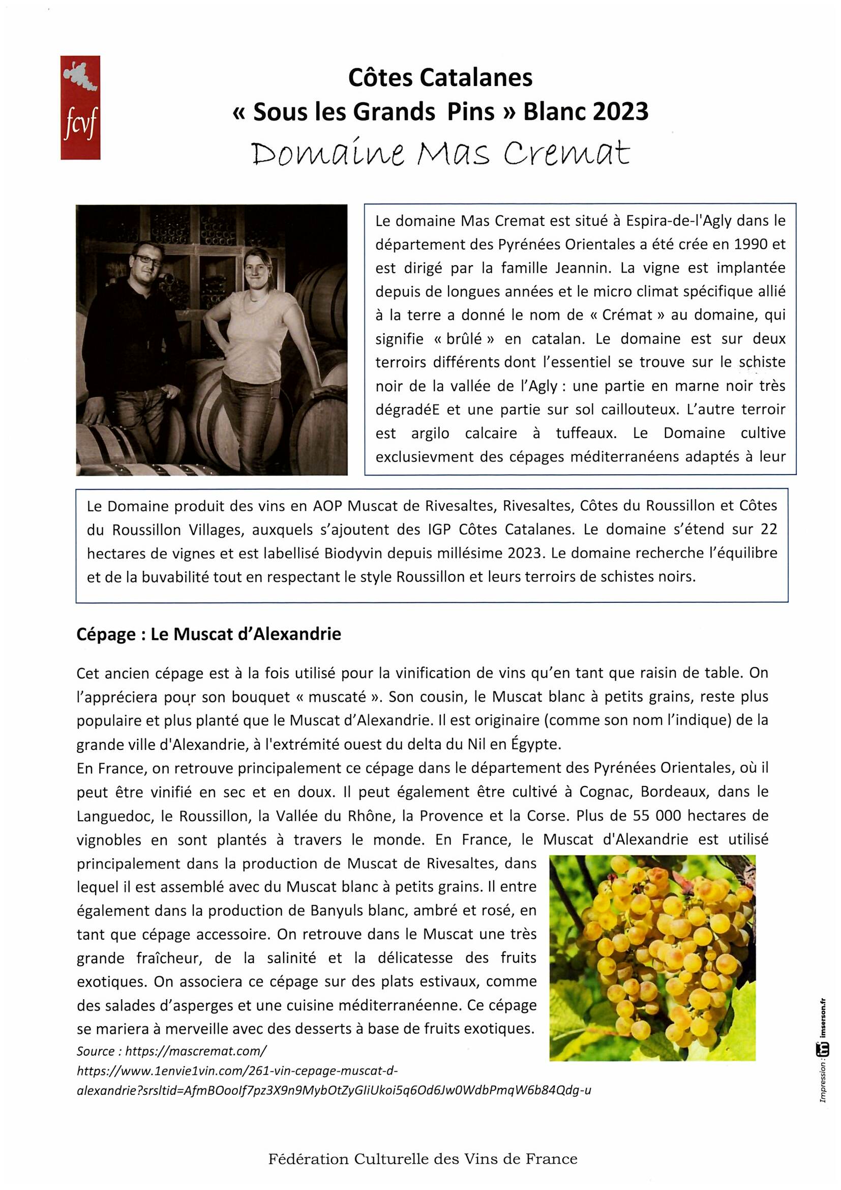 Fiche de dégustation DOMAINE MAS CREMAT