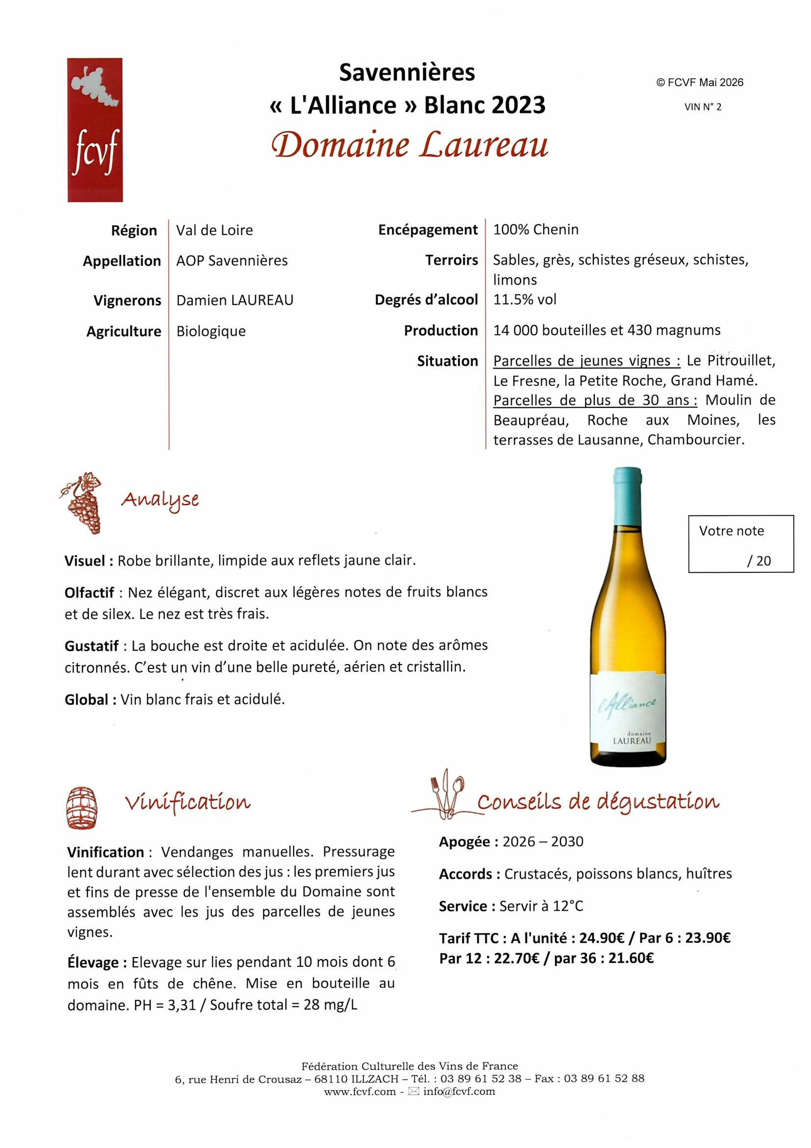 Fiche de dégustation DOMAINE LAUREAU