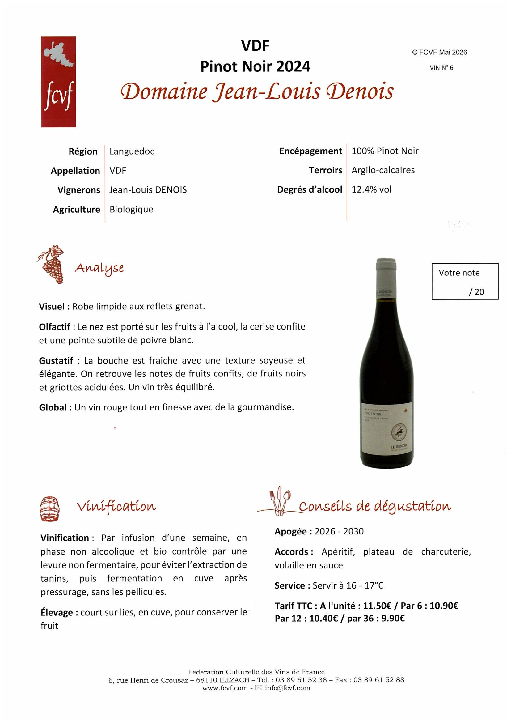 Fiche de dégustation DOMAINE JEAN LOUIS DENOIS
