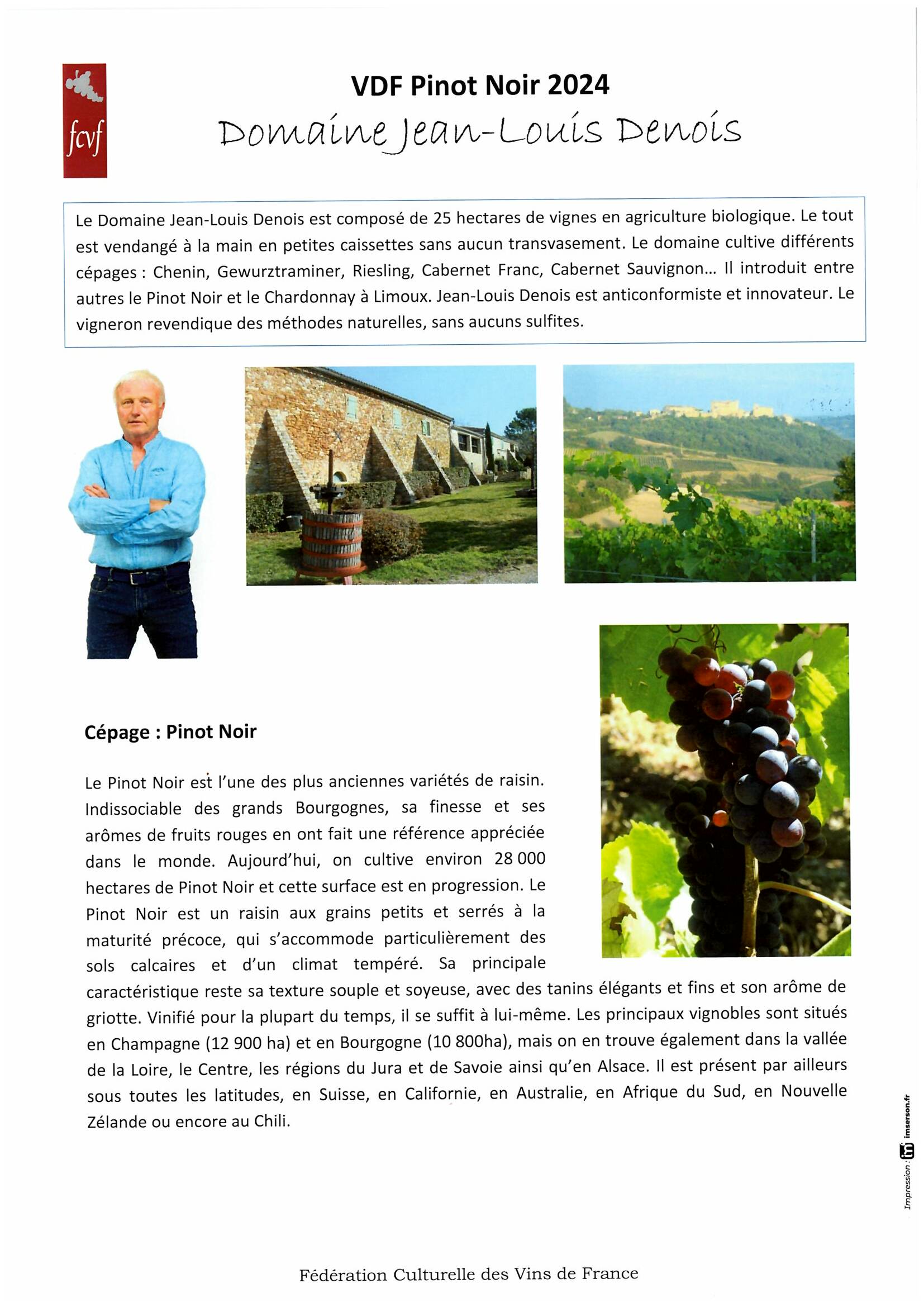 Fiche de dégustation DOMAINE JEAN LOUIS DENOIS