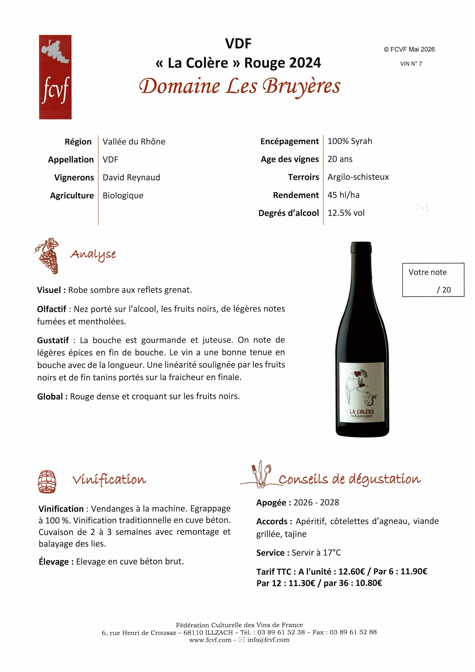 Fiche de dégustation DOMAINE LES BRUYERES