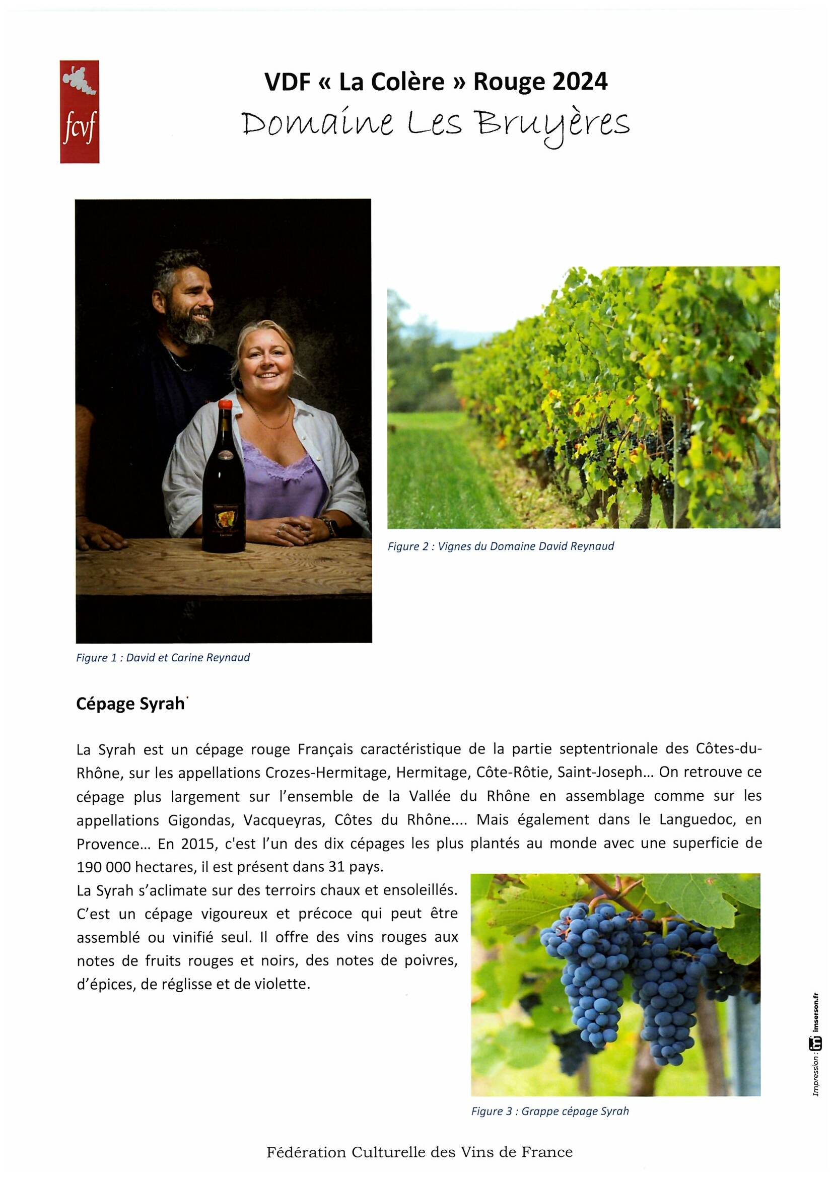 Fiche de dégustation DOMAINE LES BRUYERES