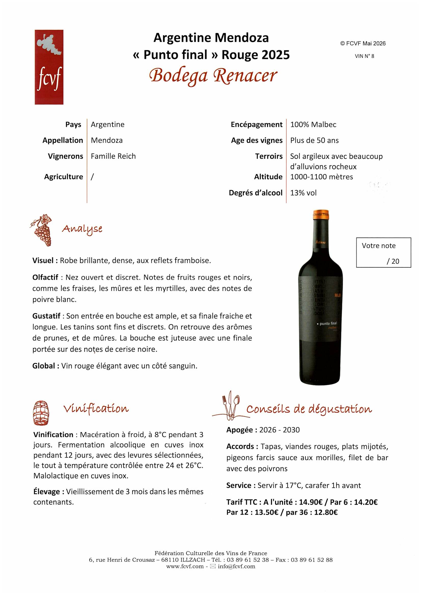 Fiche de dégustation DOMAINE RENACER