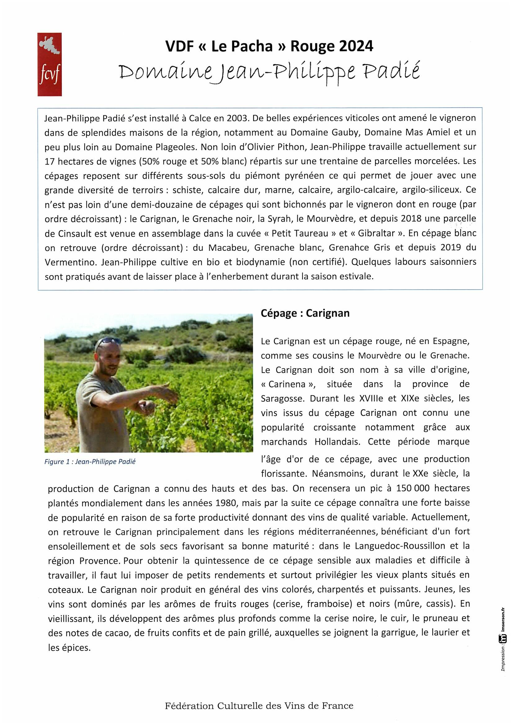 Fiche de dégustation DOMAINE JEAN PHILIPPE PADIE